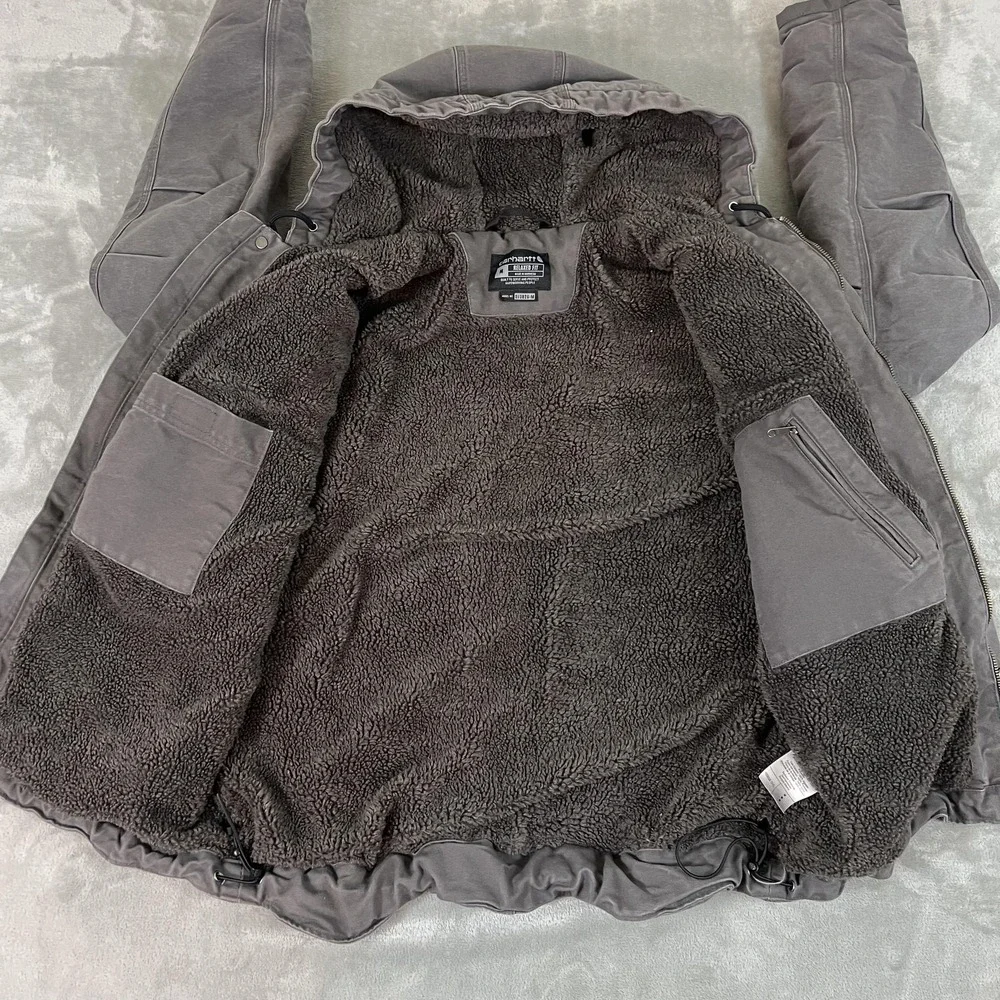 Carhartt Jacket Mens Medium Gray Hooded Sherpa Lined Full Zip Relaxed OJ3826-M - Picture 6 of 13
